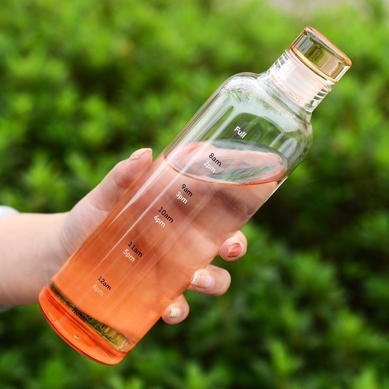 Glass Water Bottle | Time Scale Design | Temperature-Regulating | Leak-Proof Lid