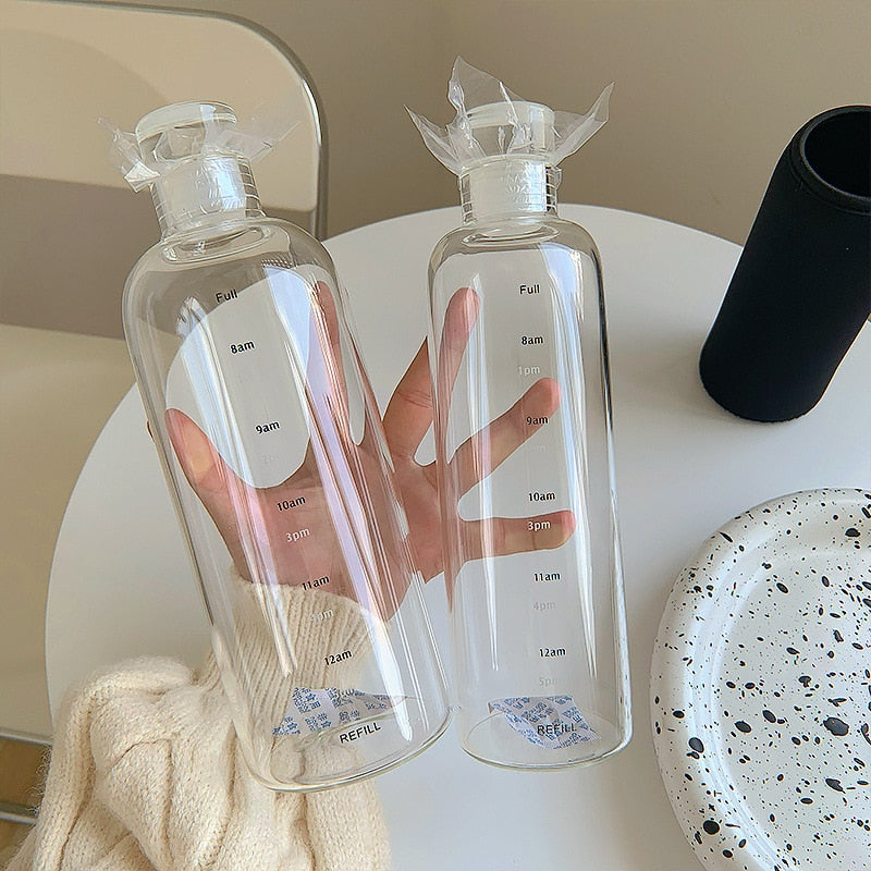 Glass Water Bottle | Time Scale Design | Temperature-Regulating | Leak-Proof Lid