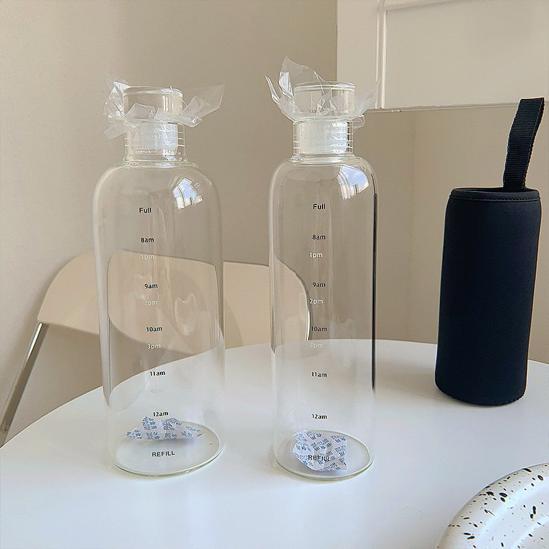 Glass Water Bottle | Time Scale Design | Temperature-Regulating | Leak-Proof Lid