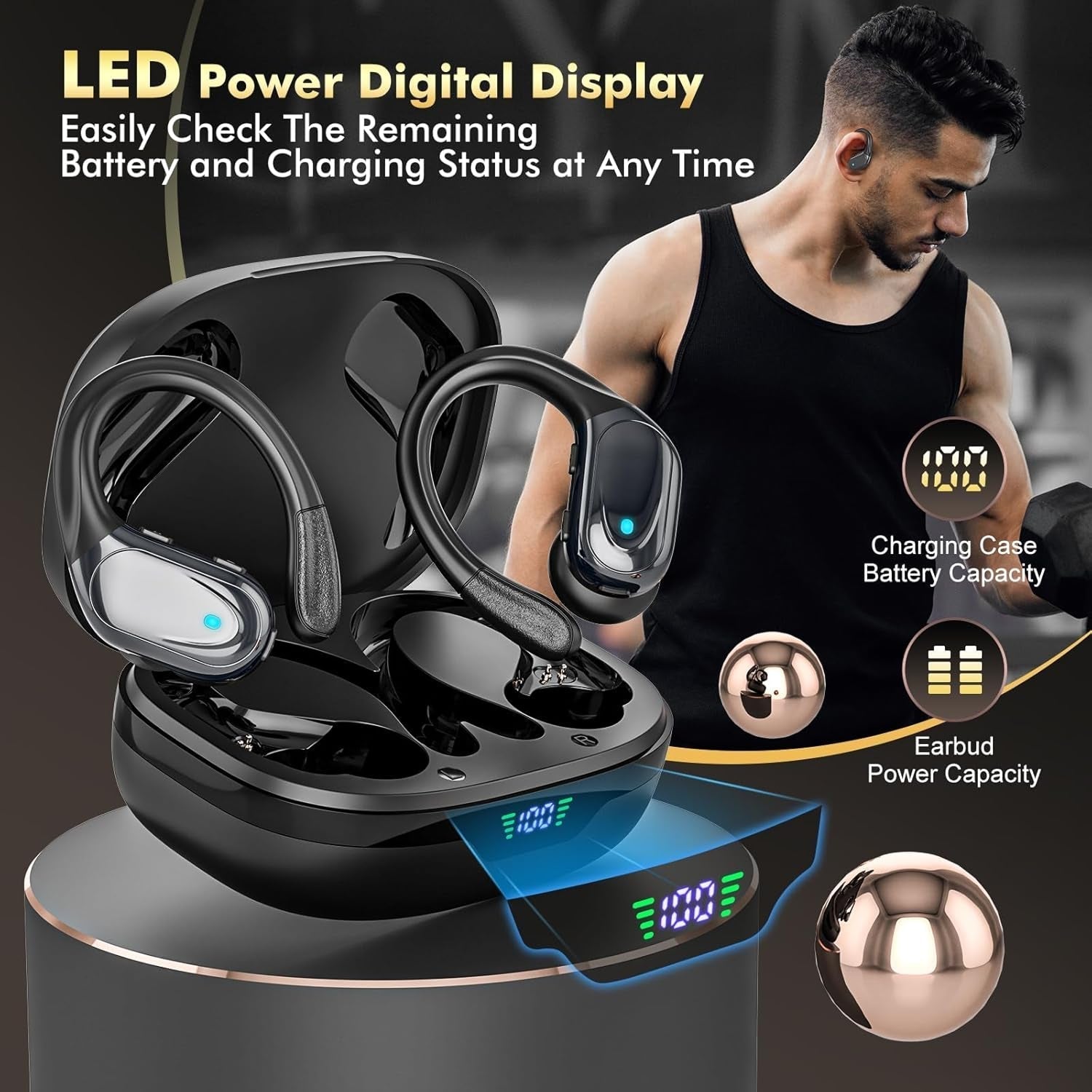Gym Earbuds | Secure-Fit Earhook Design | 80-Hour Battery Life | Waterproof