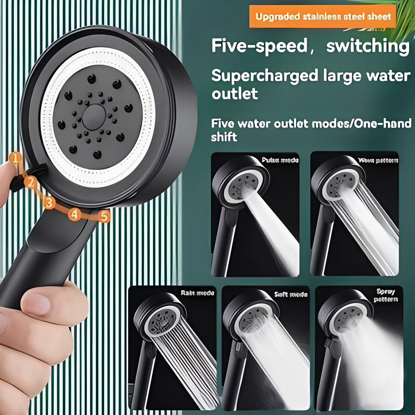 Handheld Shower Head | High-Pressure 5 Spray Modes | Water Stop Button & Built-In Filter