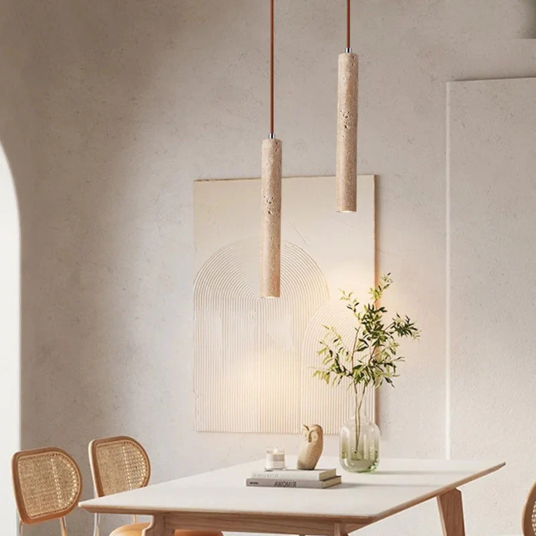 Indoor LED Chandelier | Minimalist Wabi-Sabi Design | Travertine Finish | Warm Ambient Light