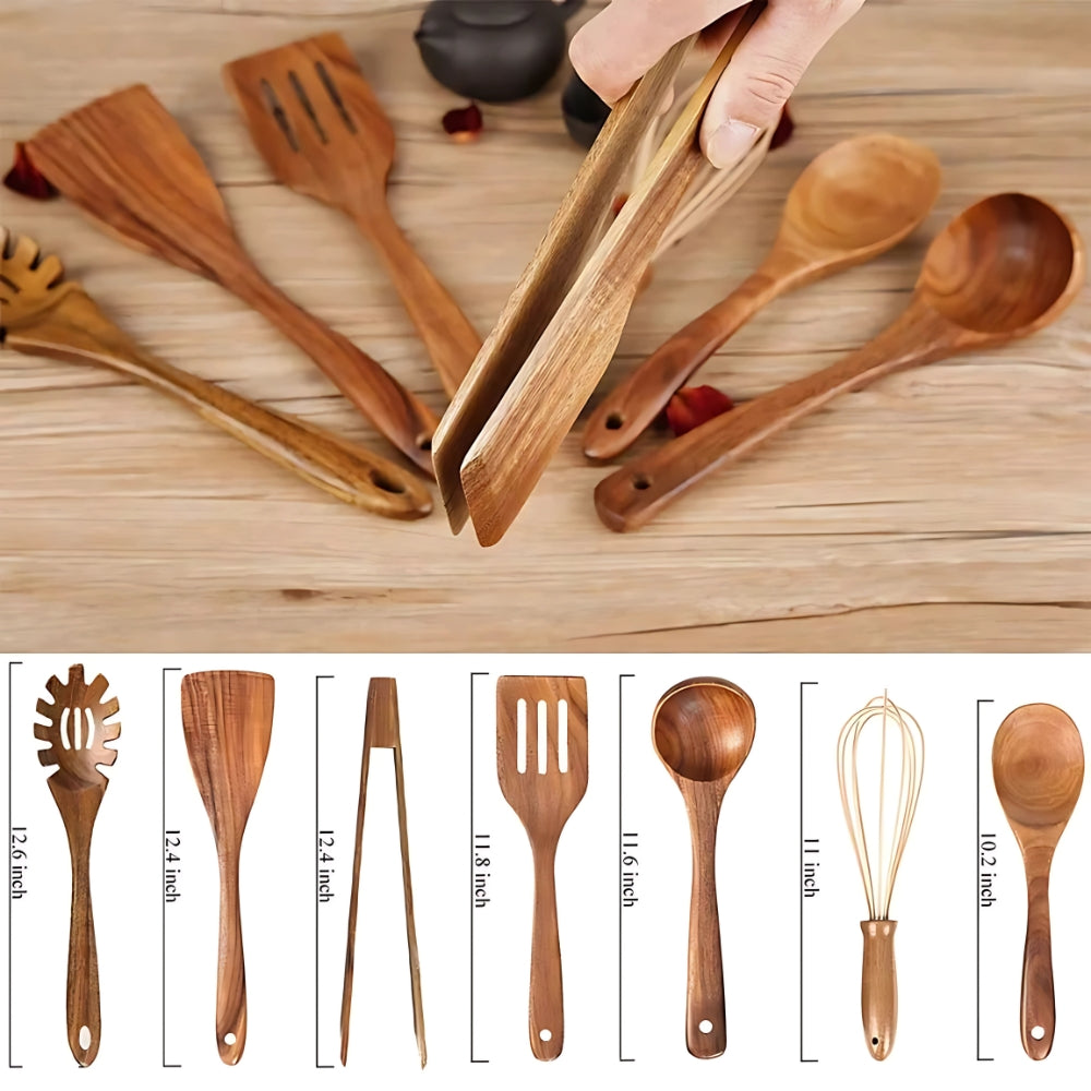 Kitchen Utensil Set | Teak Wood | 7-Piece Set | Heat Resistant & Safe for Cookware