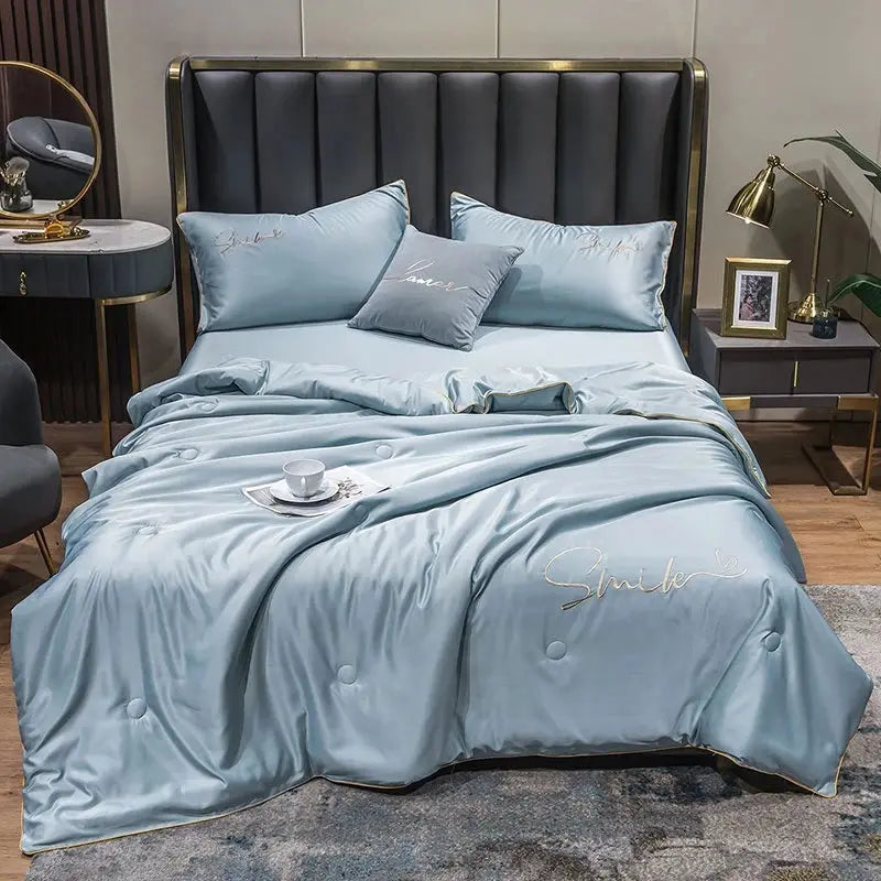 Lightweight Summer Quilt Set | Washed Silk Embroidered Design | Cooling Comfort