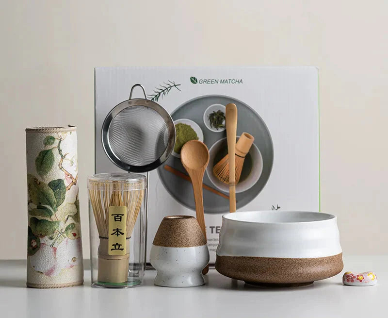 Matcha Tea Set | Sakura Floral Design | 8-Piece Ceramic Bowl & Bamboo Whisk