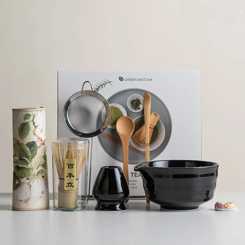 Matcha Tea Set | Sakura Floral Design | 8-Piece Ceramic Bowl & Bamboo Whisk