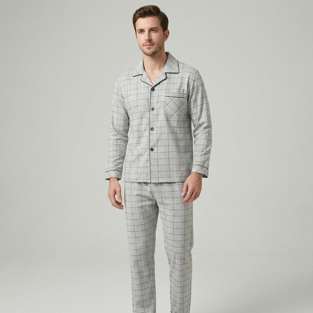 Men's Plaid Pajama Set | Button-Front Shirt | Breathable Soft Fabric | Comfortable Fit