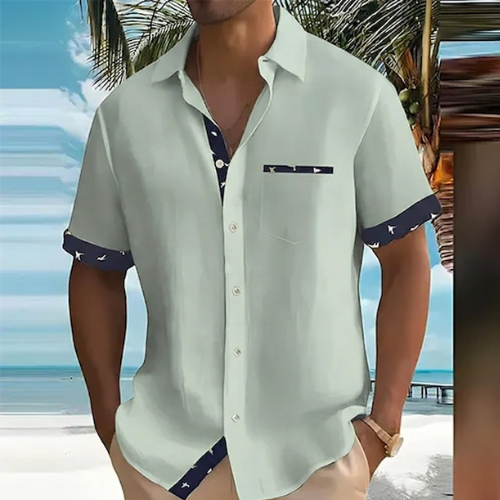 Men's Short-Sleeve Button-Up Shirt | Breathable Lightweight | Contrast-Trim Pocket | Comfortable Fit