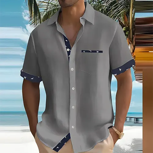 Men's Short-Sleeve Button-Up Shirt | Breathable Lightweight | Contrast-Trim Pocket | Comfortable Fit