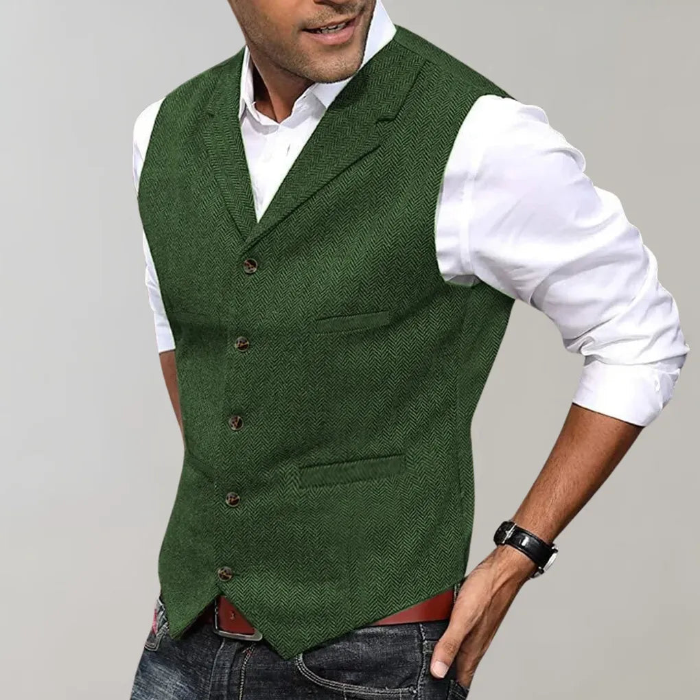 Men's Tailored Vest | Herringbone Design | Wool-Blend Fabric | Adjustable Fit