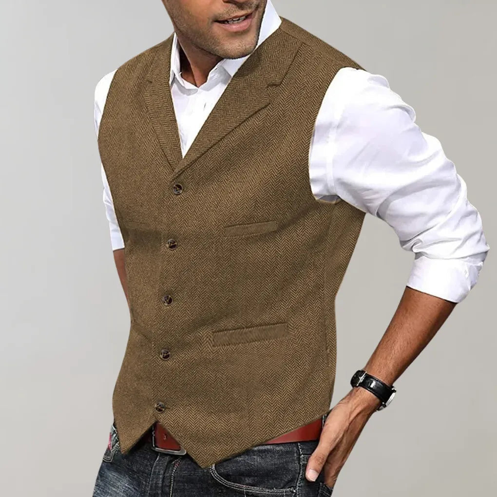 Men's Tailored Vest | Herringbone Design | Wool-Blend Fabric | Adjustable Fit