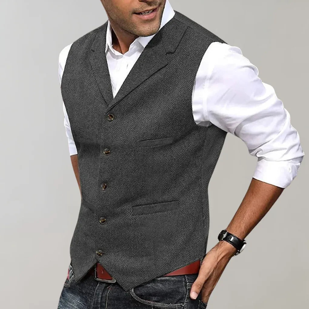 Men's Tailored Vest | Herringbone Design | Wool-Blend Fabric | Adjustable Fit