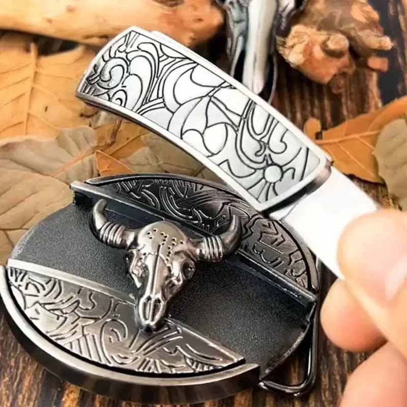 Men's Western Belt Buckle | Oval Bull Skull Design | Concealed Pocket Knife | Everyday Carry
