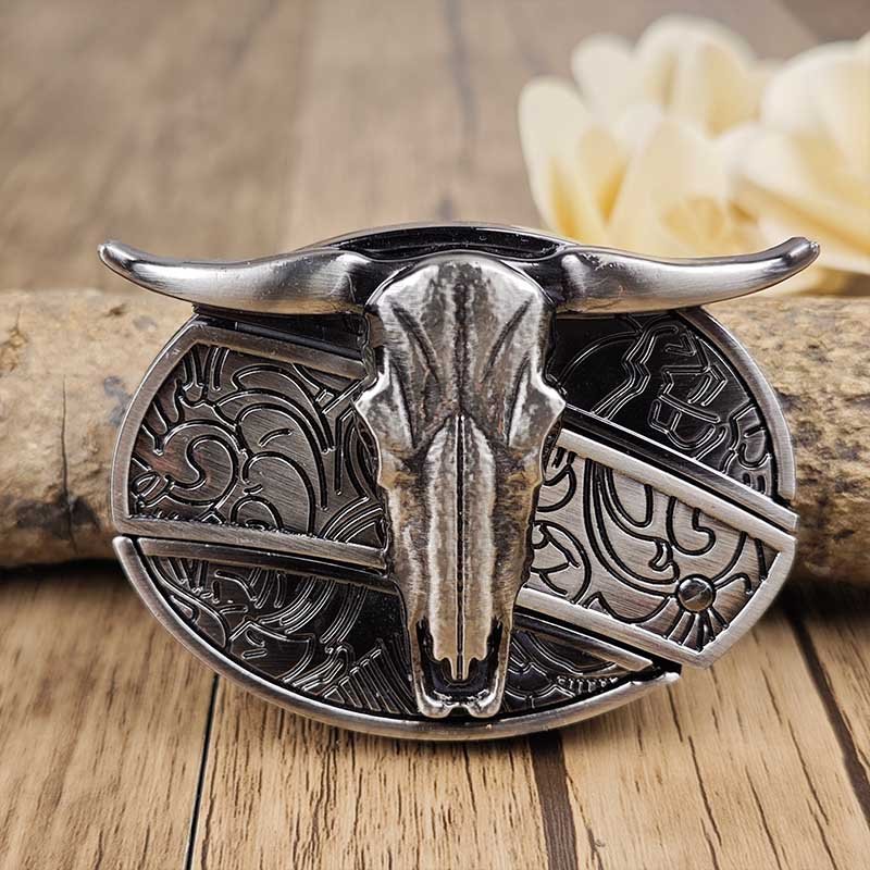 Men's Western Belt Buckle | Oval Bull Skull Design | Concealed Pocket Knife | Everyday Carry