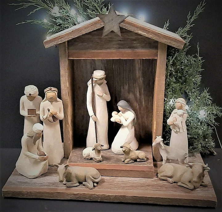 Nativity Set | Handcrafted Rustic Barn Wood Design | 20-Piece Figurine Set | Holiday Decor