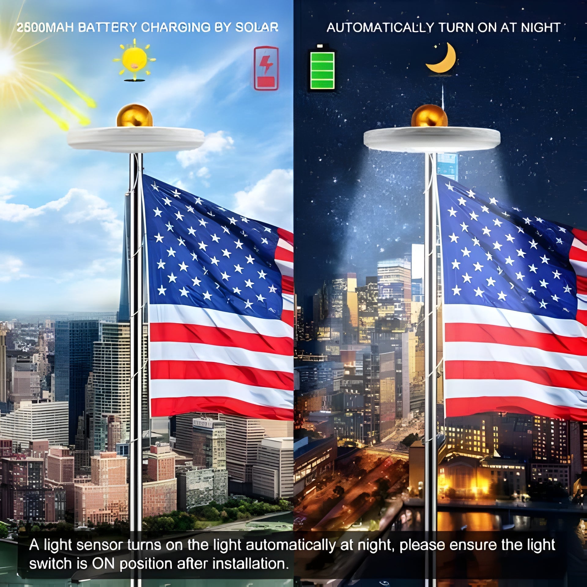 Outdoor Flagpole Light | Solar-Powered Disc Topper | 700 Lumens Brightness | Weatherproof
