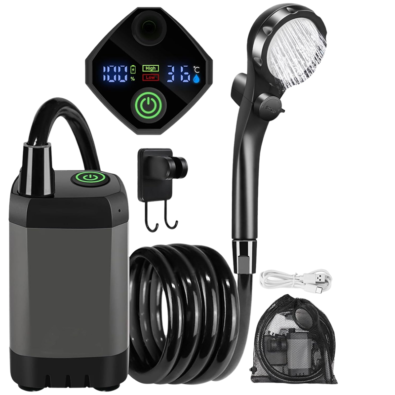 Outdoor Shower Pump | Portable Rechargeable with LED Display | Filtered Head & Adjustable Modes