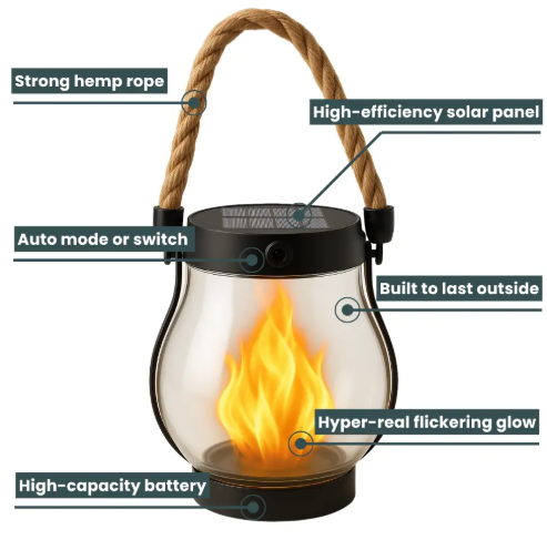 Outdoor Solar Flame Lantern | Realistic Flickering Flame | Hemp Rope Matte Finish | 12-Hour Glow