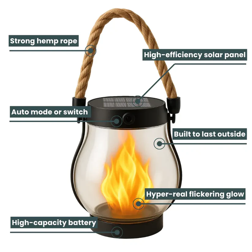 Outdoor Solar Lantern | Flickering Flame Effect | Solar & USB-C Rechargeable | Weather-Resistant