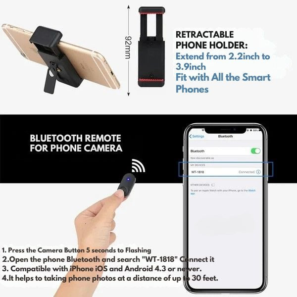 Phone Tripod Stand | 3-in-1 Selfie Stick, Extends to 140cm | Bluetooth Remote