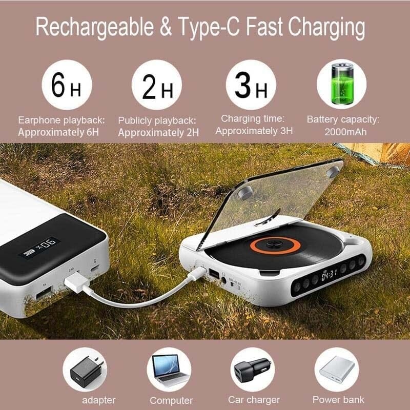 Portable CD Player | Bluetooth & Wired Playback | Up to 6-Hour Battery