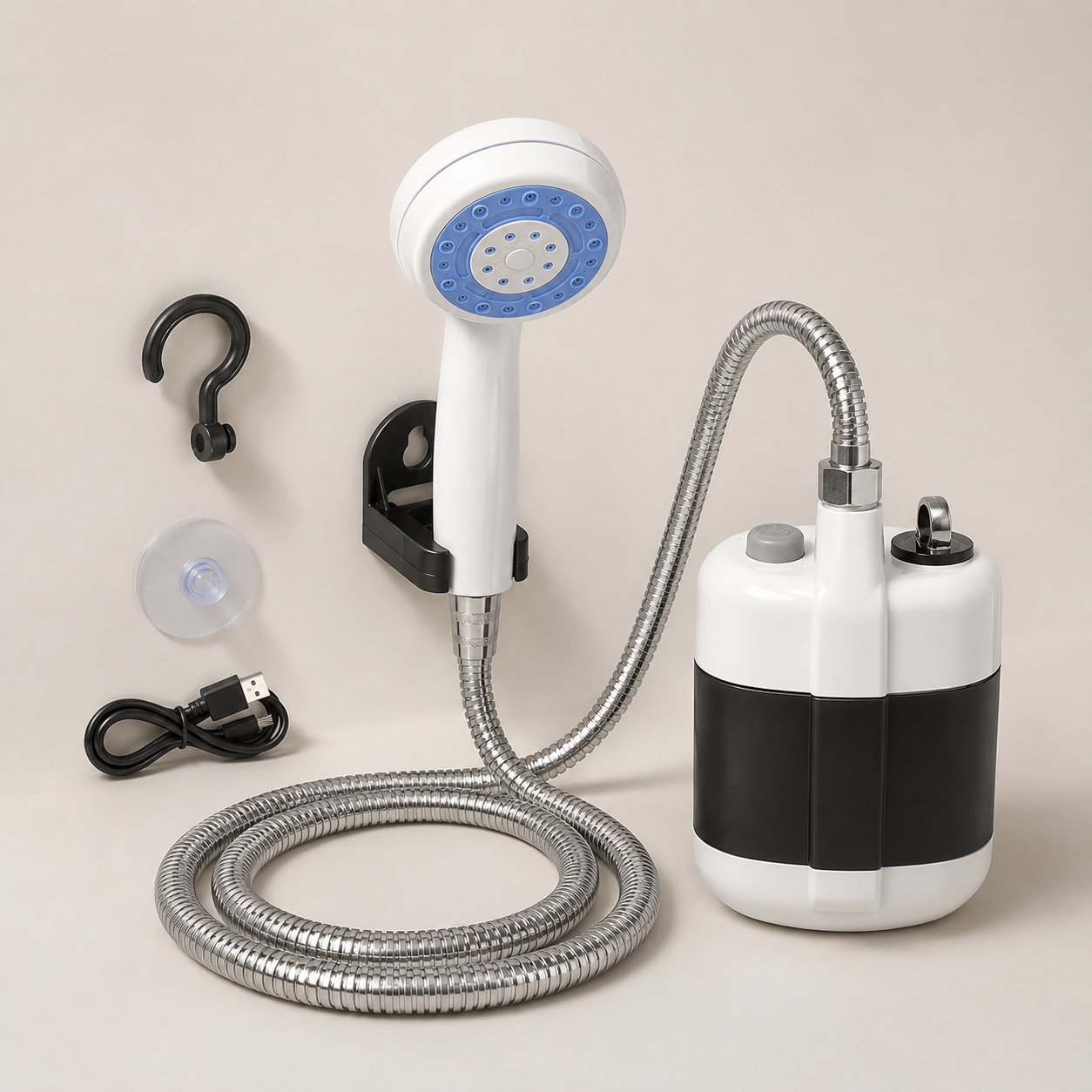 Portable Camping Shower | Rechargeable Cordless Pump | Hose & Shower Head | Travel Rinsing Kit