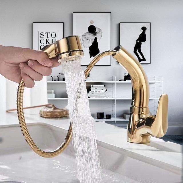 Pullout Kitchen/Bath Faucet | 360° Rotate & Height-Adjust | Dual Flow Modes | Chrome & Brass Finish