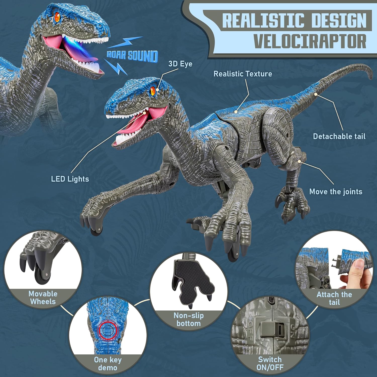 RC Dinosaur Toy for Kids | Interactive Velociraptor with Roar & 360° Spin | USB Rechargeable