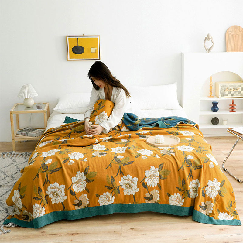 Reversible Cotton Quilt | Boho Yellow Floral Design | Machine Washable | Year-Round Comfort
