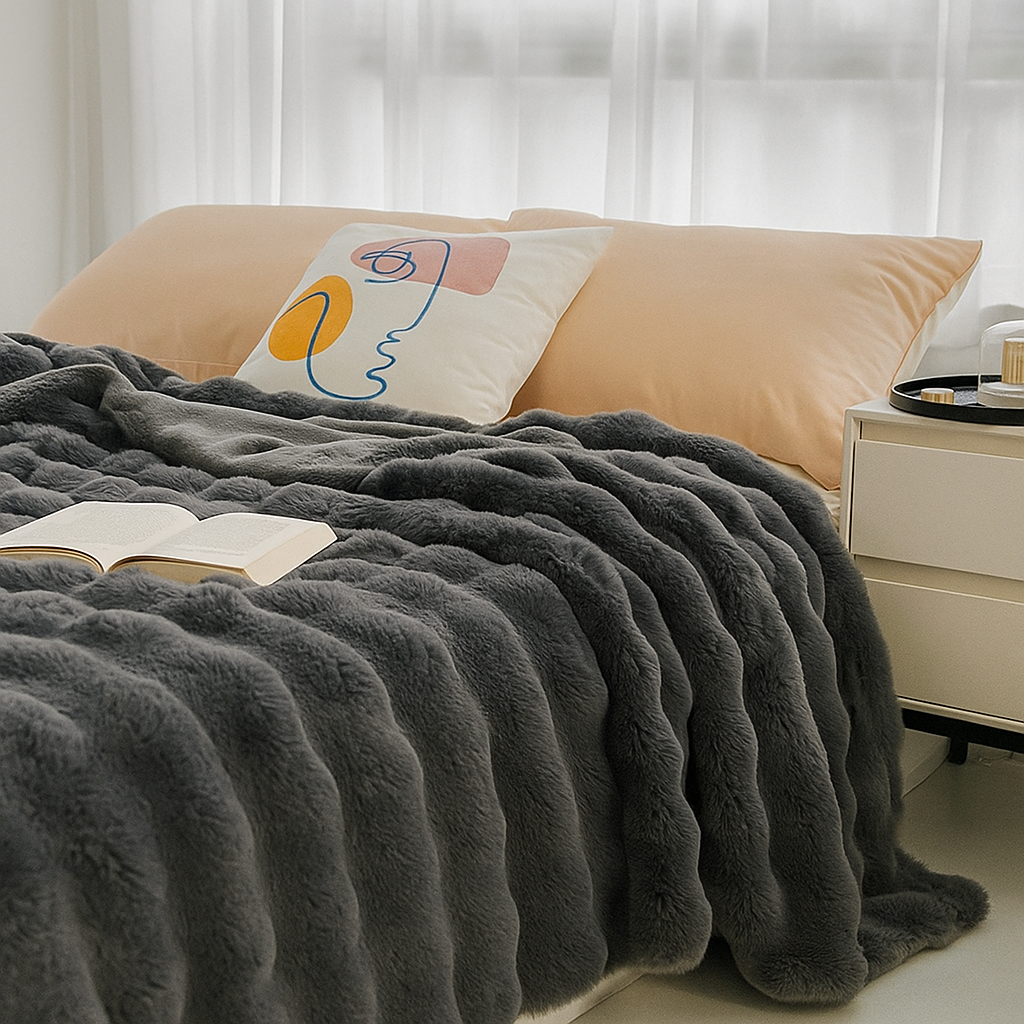 Reversible Faux Rabbit Fur Blanket | Bubble-Texture Plush | For Bed & Sofa