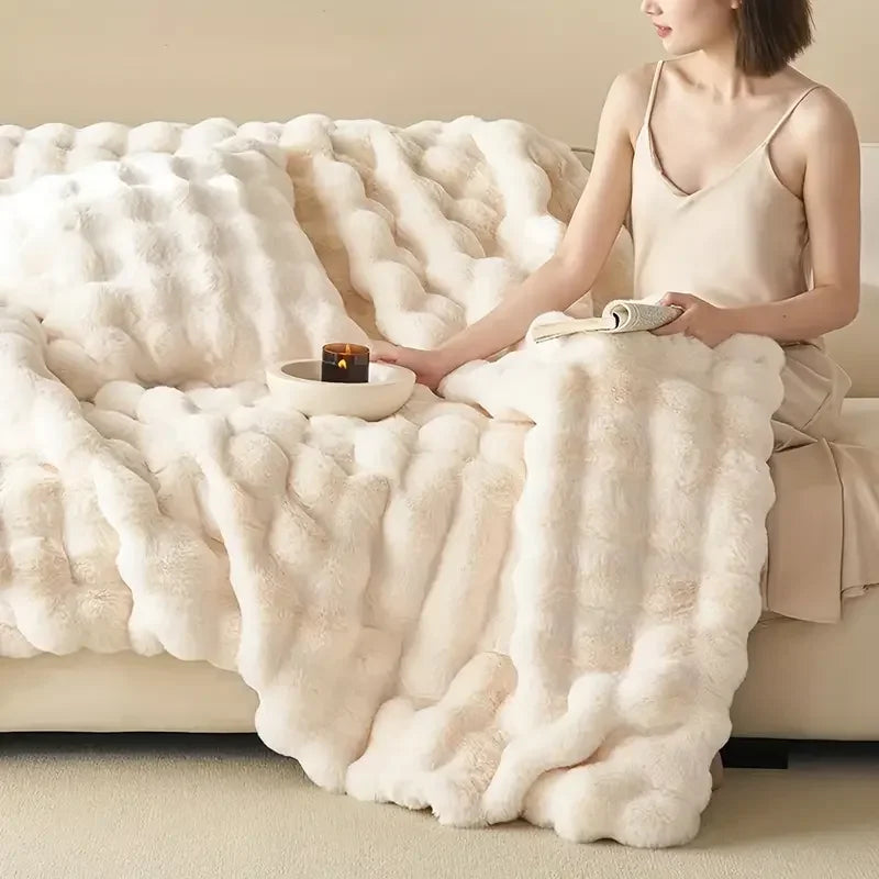 Reversible Faux Rabbit Fur Blanket | Bubble-Texture Plush | For Bed & Sofa