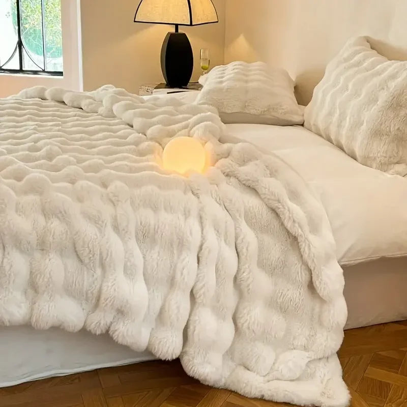 Reversible Faux Rabbit Fur Blanket | Bubble-Texture Plush | For Bed & Sofa