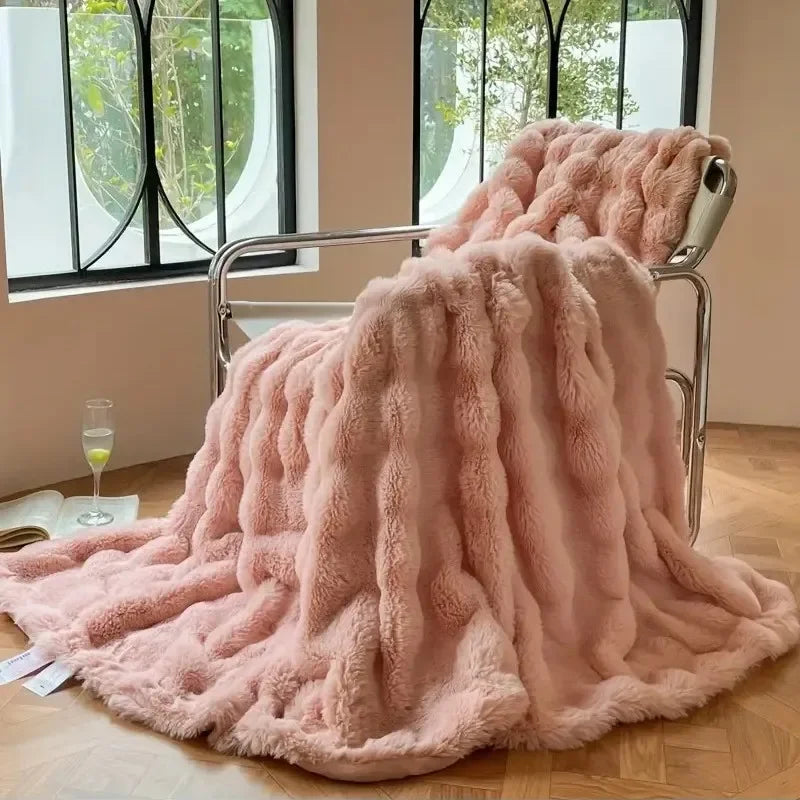 Reversible Faux Rabbit Fur Blanket | Bubble-Texture Plush | For Bed & Sofa