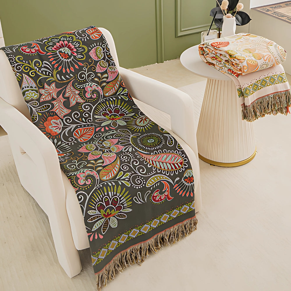 Reversible Throw Blanket | Boho with Fringes | Soft Breathable | Sofa & Bed Use