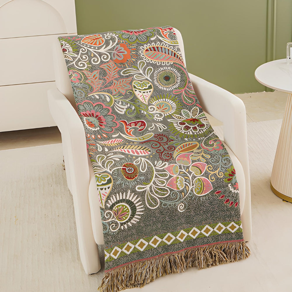 Reversible Throw Blanket | Boho with Fringes | Soft Breathable | Sofa & Bed Use