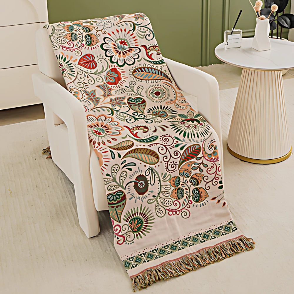 Reversible Throw Blanket | Boho with Fringes | Soft Breathable | Sofa & Bed Use