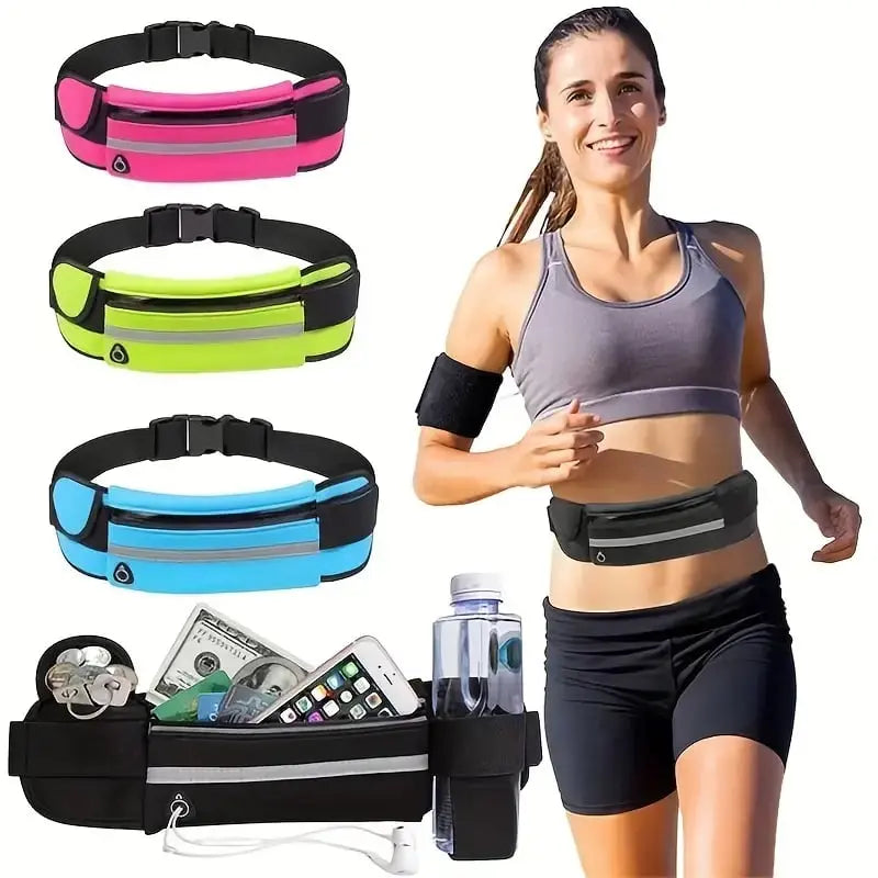Running Belt | Adjustable Non-Slip Fit | Bottle & Phone Pocket | Reflective