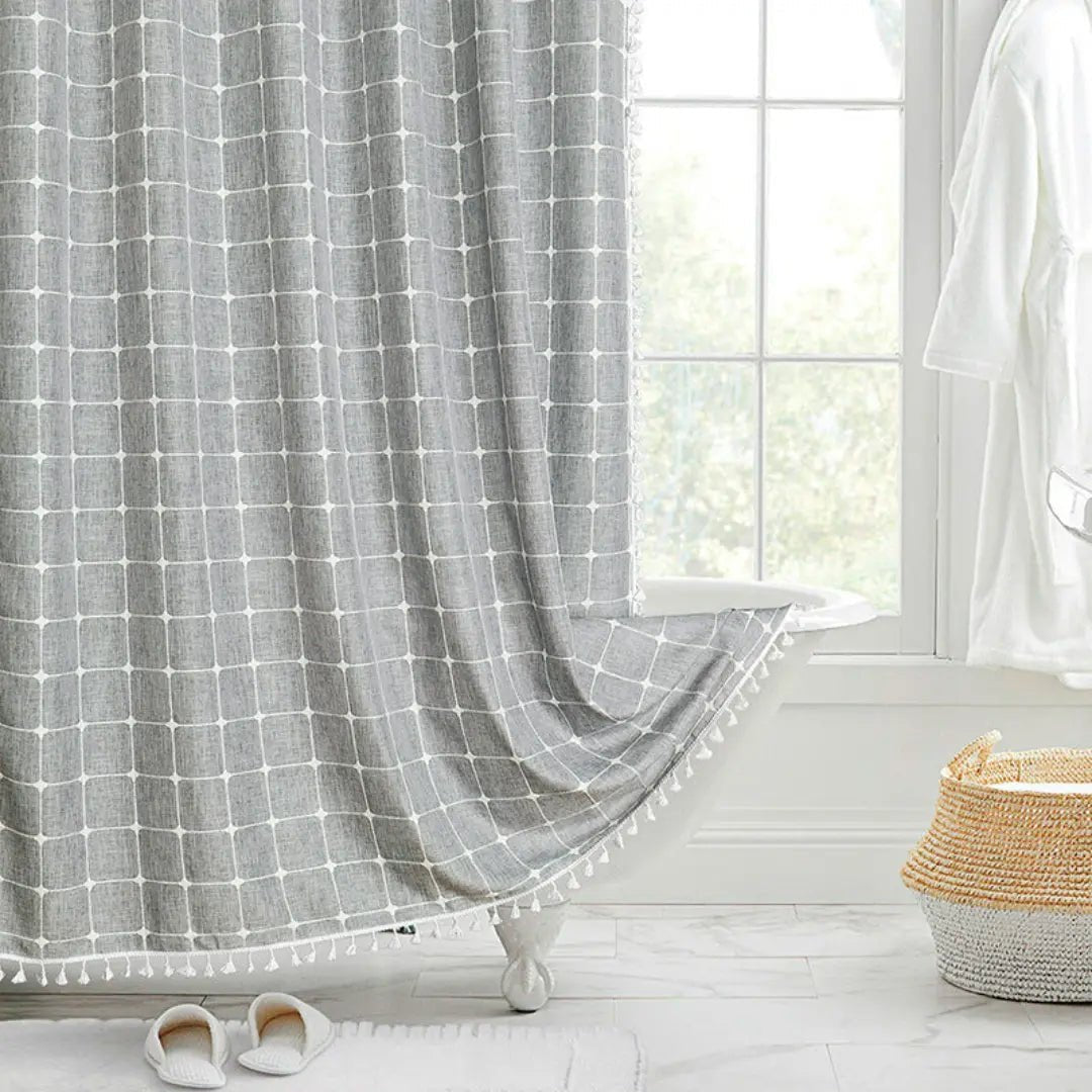 Shower Curtain | Bohemian Linen Tassel Hem | Waterproof Backing & Quick-Drying