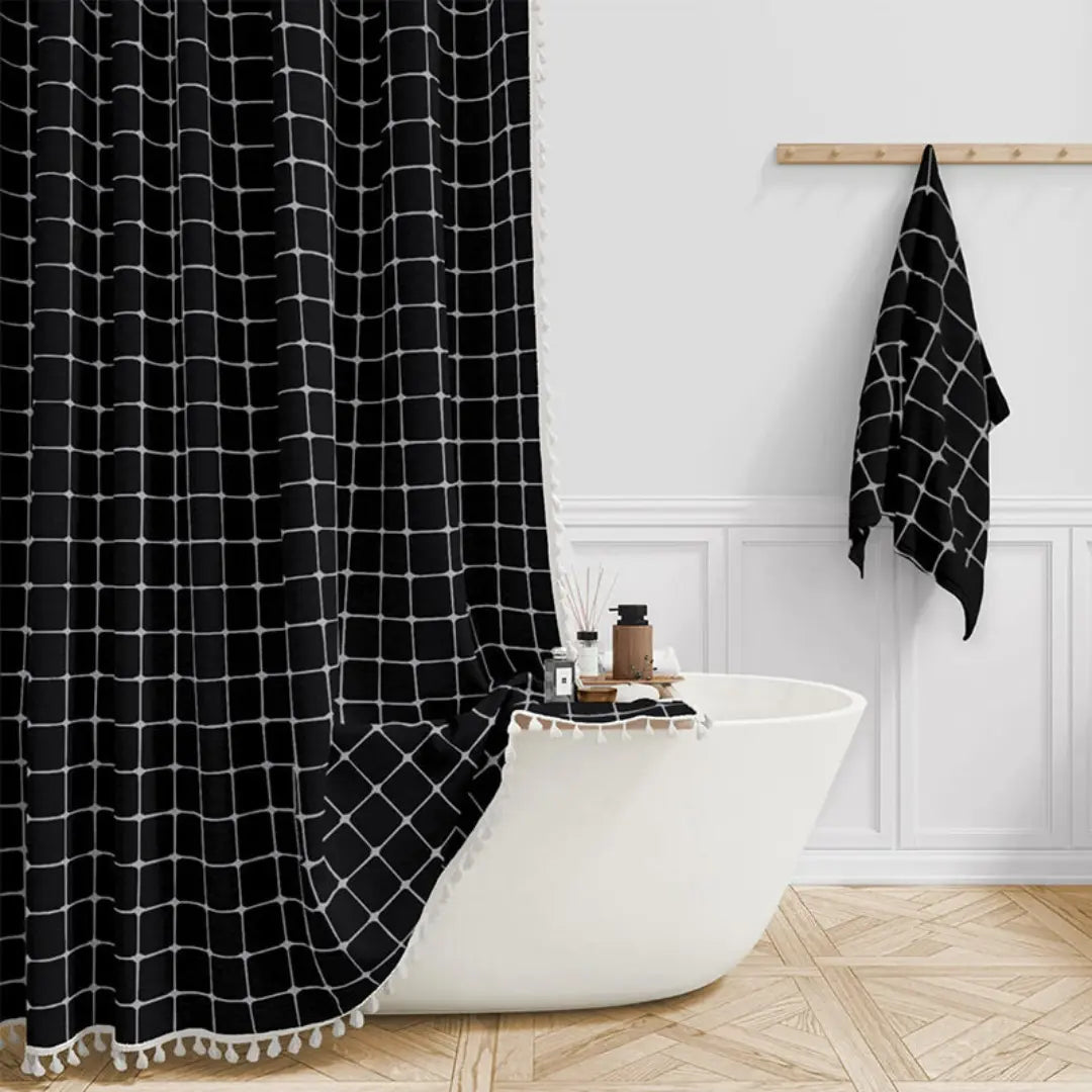 Shower Curtain | Bohemian Linen Tassel Hem | Waterproof Backing & Quick-Drying