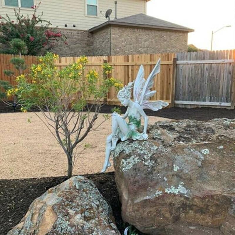 Sitting Fairy Garden Statue | Hand-Painted Resin Winged Figurine | Weather-Resistant Outdoor Decor