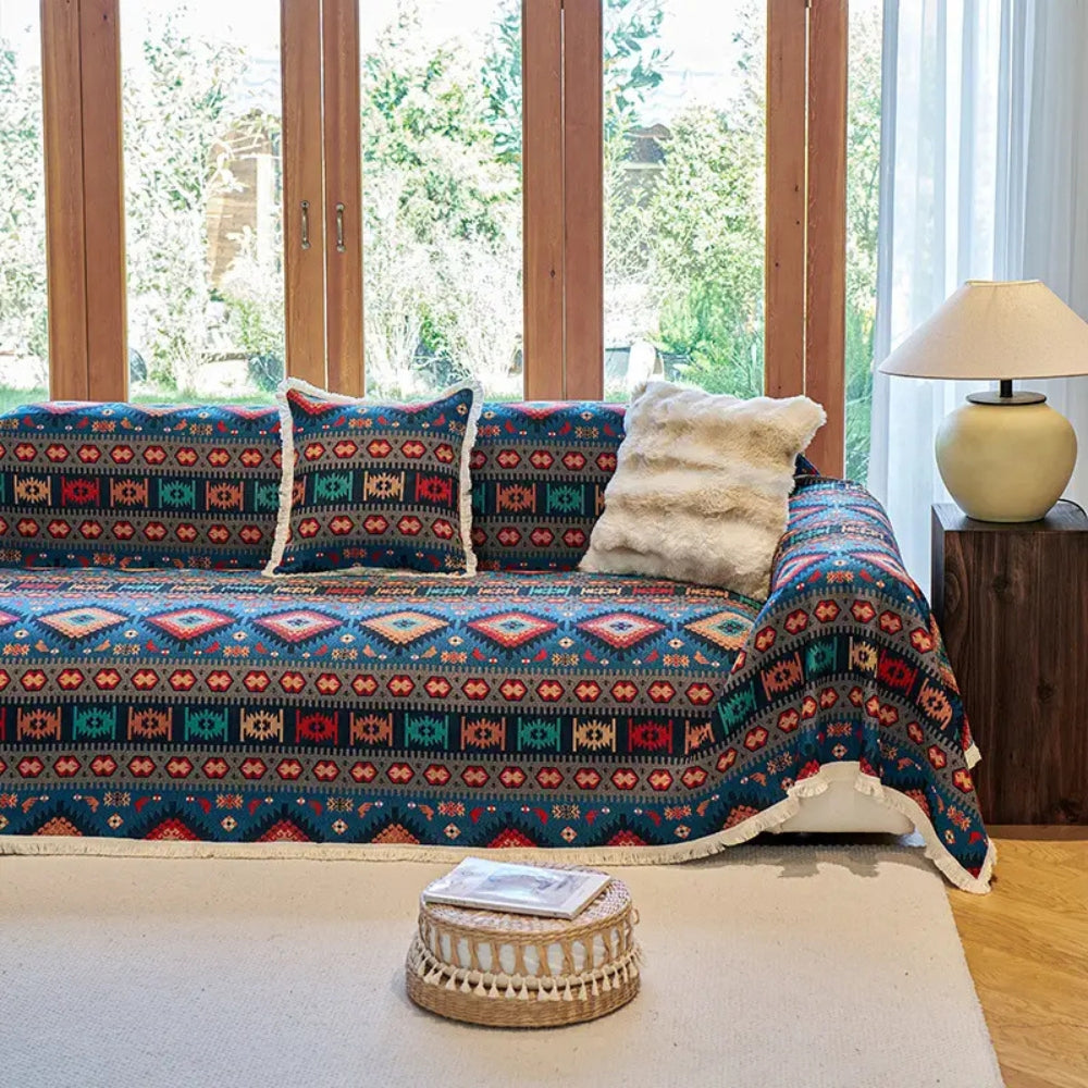 Sofa Cover | Bohemian Retro Geometric Design | Chenille Blend | Machine Washable