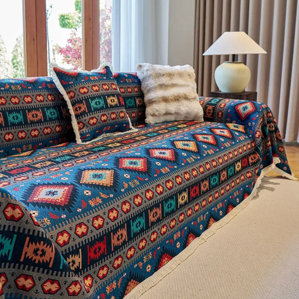 Sofa Cover | Bohemian Retro Geometric Design | Chenille Blend | Machine Washable