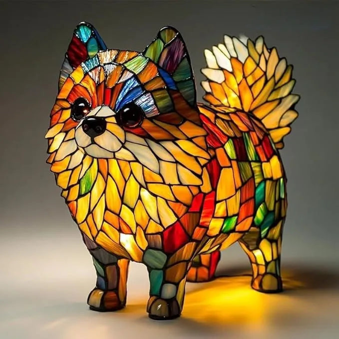 Table Lamp | Dog Figurine Design | Glass Mosaic Shade | Colorful Mood Lighting