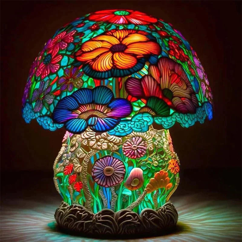 Table Lamp | Mushroom-Shaped Stained Glass | Integrated LED & USB Powered | Warm Ambient Light