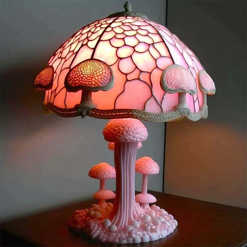 Table Lamp | Mushroom-Shaped Stained Glass | Integrated LED & USB Powered | Warm Ambient Light