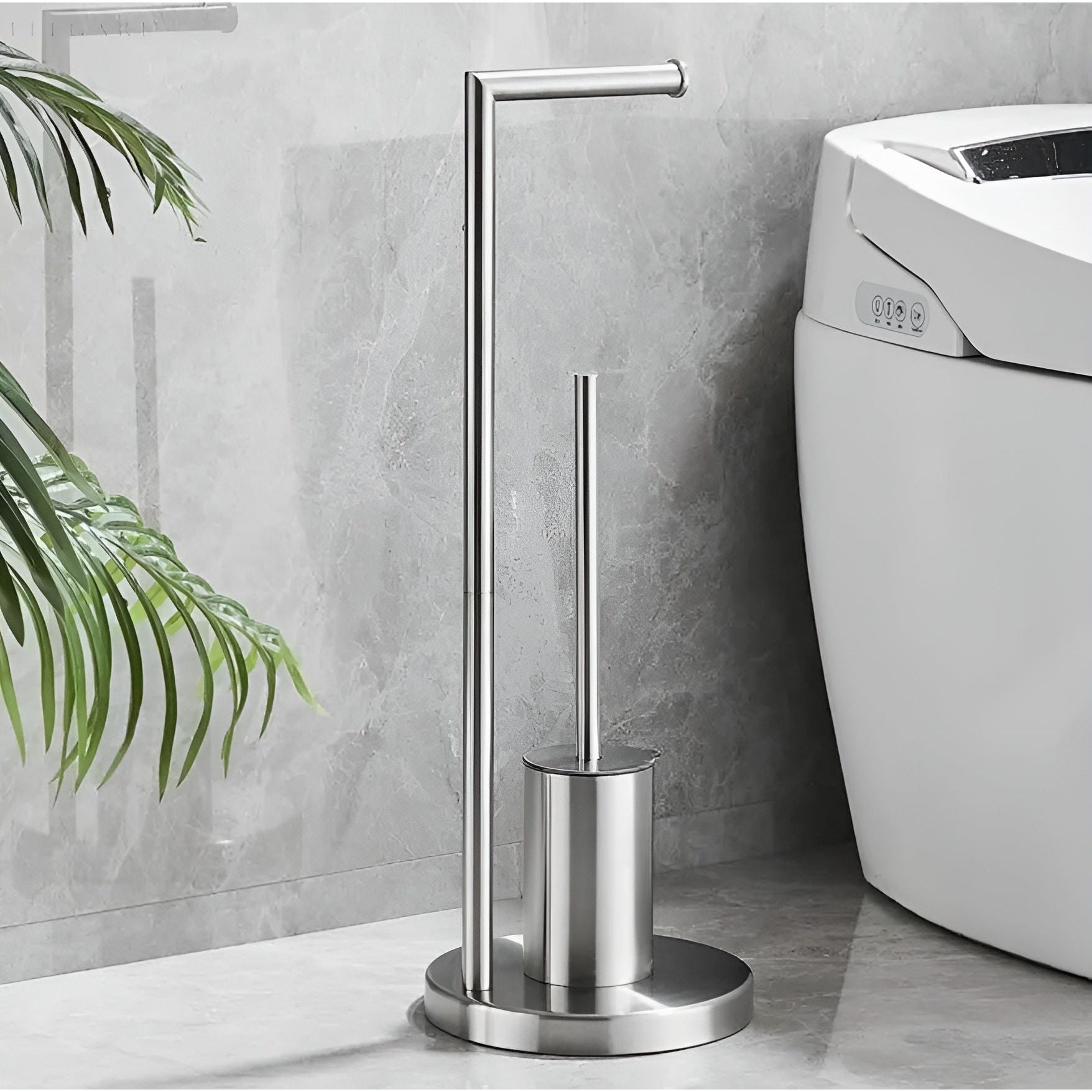 Toilet Paper Holder | Integrated Brush | Stainless Steel Finish | Space-Saving Design
