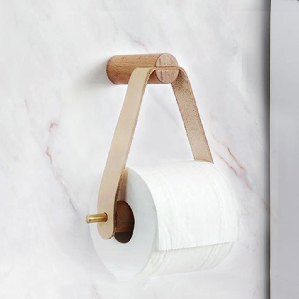 Toilet Paper Holder | Oak Wood & Faux Leather Strap | Minimalist Wall-Mounted Design