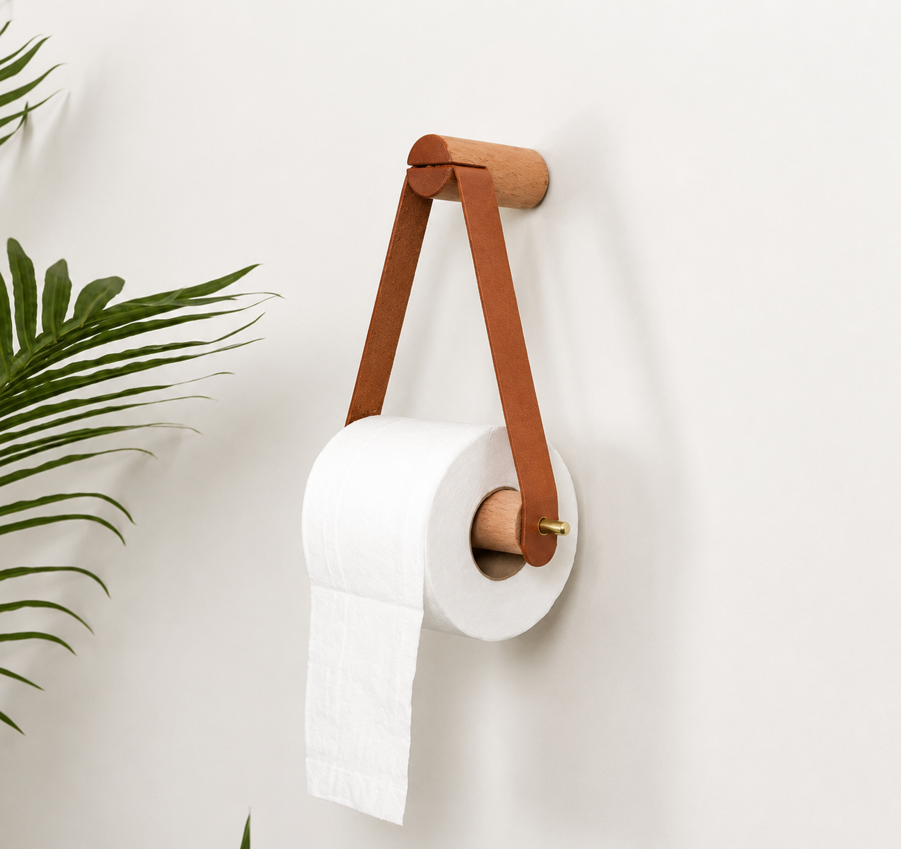 Toilet Paper Holder | Oak Wood & Faux Leather Strap | Minimalist Wall-Mounted Design