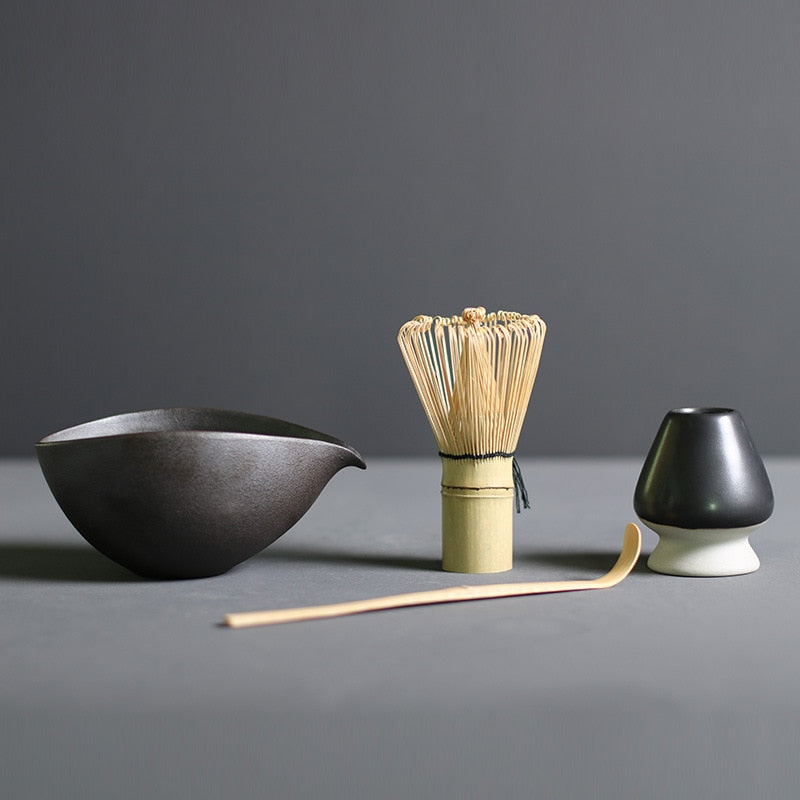 Traditional Matcha Set | Handcrafted Bamboo Whisk & Ceramic Bowl | Spoon & Whisk Holder