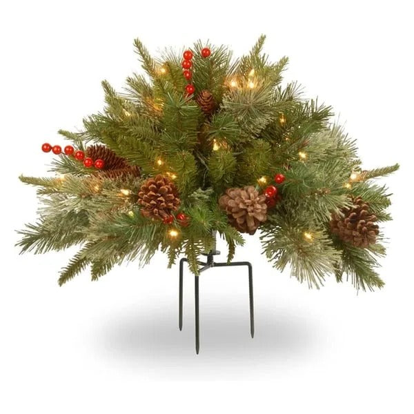 Urn Filler | Pre-Lit Flocked Arrangement with Pine Cones & Berries | 18 in Base Diameter